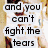 A static image with three vertical of pixelated text over a blurred background, each displaying distinct phrases in different colors
