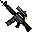 Pixelated character in dark armor with blue accents holds a long weapon, firing a yellow projectile from its tip against a gray background.