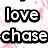 Pixelated black text reading 'love chase' on white background with pink floral patterns, static image.