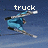Pixelated animated icon shows a blue cartoon character with black accents performing a dynamic pose against a gradient background, text labels change from 'truck' to 'driver'.