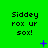 Green background with black text reading 'Siddey rox ur sox!' and animated purple symbols changing across three