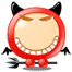 Four identical devil-themed icons arranged in a , each with red circular frame, black horns, closed eyes, and wide toothy grin