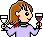 Pixelated character with brown hair and red earrings holds two wine glasses, one white and one red, in a animation sequence showing facial expression changes