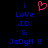 Pixelated blue text on black background with pink heart symbol above text, displaying 'i Love J.D. & JodyN !!' in two identical vertical