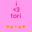 Pink background with red text 'i', '<3', and 'tori' above yellow and orange flower-like shapes, two identical frames side-by-side.