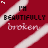 Red background with diagonal white stripes; text 'I'M BEAUTIFULLY broken' in black and gray pixelated font, accompanied by changing small icons.