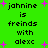 Green background with pixelated text reading 'johnine is freinds with alexc' repeated twice, surrounded by pink star shapes.