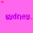 four and four displays the word 'sydney' in purple lowercase letters on a bright pink background, with scattered small red stars