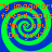 Four identical spiral patterns with green and blue swirls, overlaid with orange text reading "my imaginary friend says I'm crazy. Do you?" in a pixelated font.
