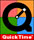A 4-frame animated contact sheet showing a black Q-shaped icon with a moving pointer on a rainbow-colored background and red text banner at the bottom.