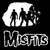 A 50x50 pixel animated contact sheet showing two frames of a Misfits-themed buddy icon with black background and white text/logo on the left, and grayscale character art on the right.