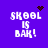Pixelated text 'SKOOL IS BAK!' on purple background with animated dark brown symbols above each instance.