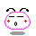 Pixelated character with pink outline, black antennae, red plus signs on cheeks, and mouth changing between open and closed states.