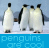 Four penguins stand on snow with a blue sky background; the bottom third features pixelated text reading 'PENGUINS ARE COOL' in light blue.