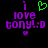 Pixelated text and symbols on black background with purple 'I love bonyl :D' and green heart in first frame, then green heart disappears in second frame.