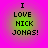 Four identical pixelated text on a pink-to-green gradient background display 'I LOVE NICK JONAS!' in black block letters