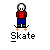 Pixelated character in red shirt and blue pants performing skateboarding actions with varying foot positions, board states, and ground contact points beneath a gray background.