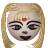 Pixelated icon of a stylized face with blonde hair, closed eyes, a red bindi on the forehead, and a neutral expression against a gray background.