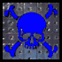 Two side-by-side skull and crossbones icons with blue and black color variations on a textured gray background.