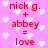 Pink background with white pixelated hearts and red text reading 'nick g. + abbey = love' repeated twice.