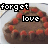 Animated contact sheet of a chocolate cake icon with changing text overlays across 17 frames, showing sequential animation from 'forget love' to 'chocolate' on a white plate background.