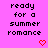 Pixelated text 'ready for a summer romance' on bright pink background with red heart symbols in various positions.