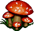 Pixelated red mushrooms with white spots on brown stems, surrounded by green grass, displayed in a of three identical static images