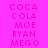 Pixelated text on bright pink background with shifting magenta bars over of 'COCA', 'COLA', 'MOE', 'RYAN', 'MEGO' in varying positions