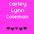 Pixelated text 'Carley Lynn Coleman' in white on bright pink background with five heart symbols below, two variations of heart positions visible.