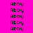 repeated 'Abby' text in black pixelated font on a bright pink background, with cyan rectangular overlays appearing and disappearing across different positions