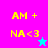 A split-screen animation with four quadrants showing yellow text 'AM + NA<3' on colored backgrounds, featuring a small star icon that changes color between cyan and magenta.