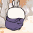 Animated sequence of a white rabbit-like figure with purple lower body against a textured background with orange and brown tones.