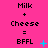 Pixelated text on bright pink background shows 'Milk + Cheese = BFFL' with cyan animation effects changing
