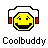 Static pixel art icon featuring a yellow smiley face wearing headphones with red ear cups, positioned above the text "Coolbuddy" on a gray background.