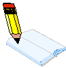 Animated sequence of a yellow pencil with red and black top hovering over a white notebook with blue dotted edges, showing rotation and position changes.