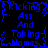 Blue pixelated text on black background reads "Kicking Ass And Taking Names" in four identical quadrants with jagged blue borders.