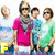 Group of people in casual clothing with a person in pink shirt and scarf, some wearing sunglasses, with text letters below.