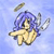 Pixelated character with purple hair and yellow clothing holding a sword, floating against a light blue background with a small brown object above.
