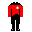 Pixelated character in red, olive green, and blue shirts with black pants; one variant shows gray patterned pants.