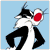 Two cartoon characters: a black-and-white cat with red eyes and a yellow bird with orange feet, both in pixelated animation style against solid backgrounds.