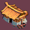 Pixel art of a small house with an orange-tiled roof, blue walls, and brown wooden accents on a solid purple background.