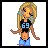 Pixelated female character with long blonde hair, wearing a black crop top with blue number 69 and light blue shorts.