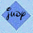 Two side-by-side animated frames of a blue diamond-shaped icon with black cursive text "judy" on light blue background, showing slight frame-to-frame variation in the diamond's position and transparency.