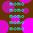 Brown background with scattered pink circles and repeated cyan 'momo' text in a pattern