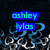 Pixelated blue text 'ashley' above 'klos' on dark background with swirling light blue and white lines.