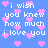 Blue background with white pixelated text reading "i wish you knew how much i love you" surrounded by pink heart shapes.