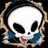 Pixelated skull icon with large black eye sockets, blue cheek patches, and a small red mouth, framed by a brownish border on a dark background.