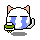 Pixel art contact sheet showing two frames of an animated cartoon cat icon with tears and a small green-and-white object.