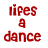 Red pixelated text on white background with gray rectangle at bottom right, displaying phrases like 'lifes a dance', 'you learn as you', 'go', 'some times', 'you lead n', 'some times you', 'FOLLOW' in a