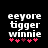 Pixelated text 'eeyore bigger winnie' in white on black background with pink and maroon heart symbols below, showing heart position changes
